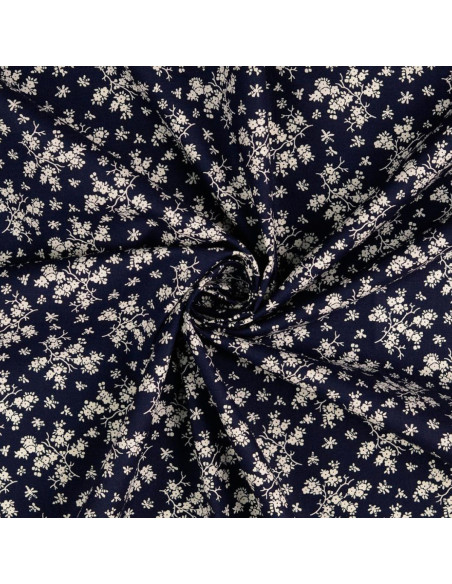 Vintage Baumwollstoff - Marineblauer Hintergrund mit kleinen naturfarbenen Blumen