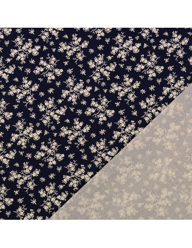 Vintage Baumwollstoff - Marineblauer Hintergrund mit kleinen naturfarbenen Blumen