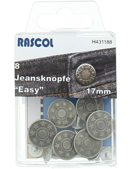 Schachtel mit 8 Jeansknöpfen 17mm Rascol - Mattes Silber Sterne