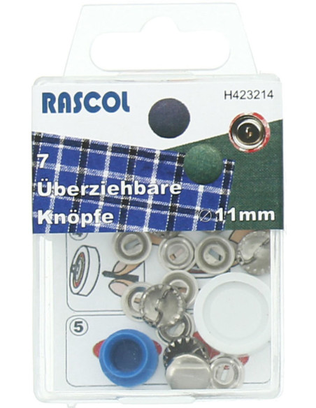 Schachtel mit 7 überziehbaren Knöpfen mit Rascol-Werkzeug - 11 mm
