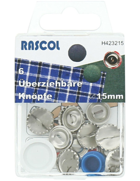 Schachtel mit 6 überziehbaren Knöpfen mit Rascol-Werkzeug - 15 mm
