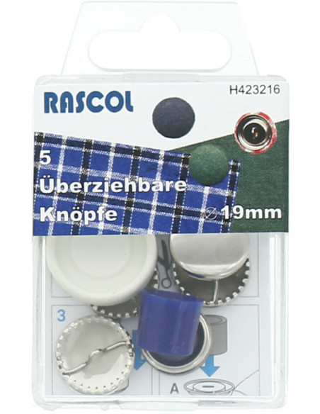 Schachtel mit 5 überziehbaren Knöpfen mit Rascol-Werkzeug - 19 mm