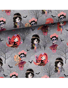 Sweatstoff - Halloween-Feen auf grauem Hintergrund