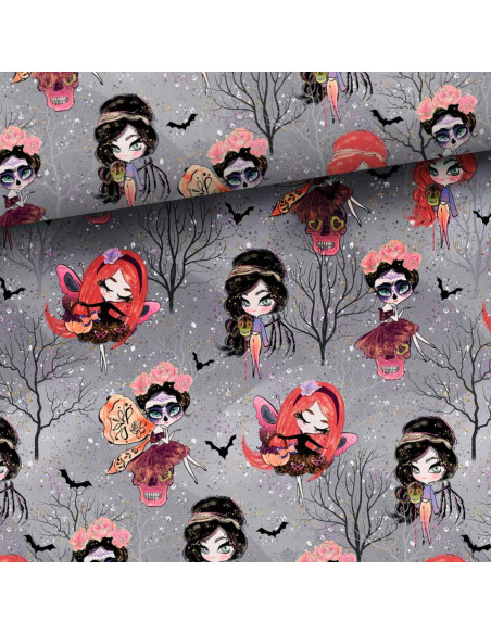 Sweatstoff - Halloween-Feen auf grauem Hintergrund