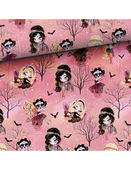 Sweatstoff - Halloween-Feen auf rosa Hintergrund
