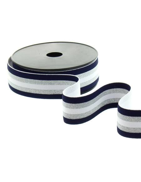 Fantasie-Lurex-Gummiband gestreift in Marineblau, Weiß und Silber 40 mm