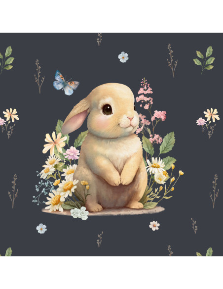 Leichter Sweatstoff-Panel 40 cm x 50 cm - Hase auf der Lichtung, dunkelgrauer Hintergrund