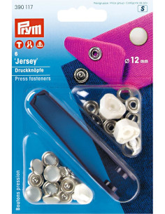 Schachtel mit 6 Perlmutt-Jersey-Druckknöpfen mit Werkzeug 12 mm