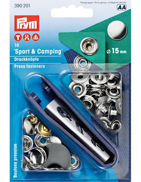 Packung mit 10 Druckknöpfen Sport Camping Nickel mit Werkzeug 15 mm