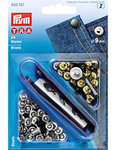 Schachtel mit 24 Nieten 9 mm mit Werkzeug - Silber und Schwarz