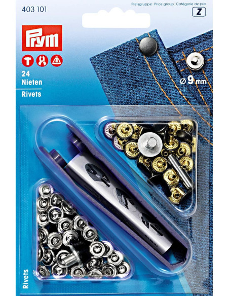 Schachtel mit 24 Nieten 9 mm mit Werkzeug - Silber und Schwarz