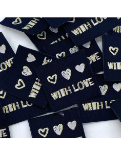 Satz von 5 gewebten Etiketten zum Annähen With Love Lurex