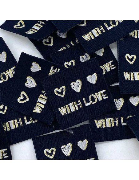 Satz von 5 gewebten Etiketten zum Annähen With Love Lurex