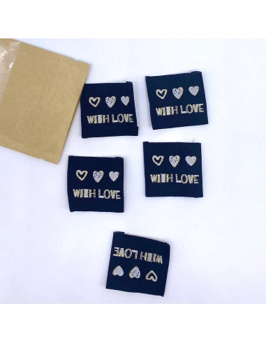 Satz von 5 gewebten Etiketten zum Annähen With Love Lurex