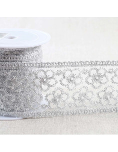 Metallstickerei Blumen auf Tüll - Silber