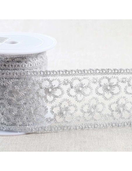Metallstickerei Blumen auf Tüll - Silber