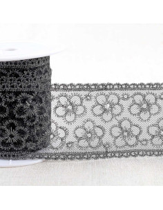 Metallstickerei Blumen auf Tüll - Schwarz und Silber