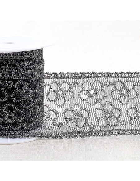 Metallstickerei Blumen auf Tüll - Schwarz und Silber