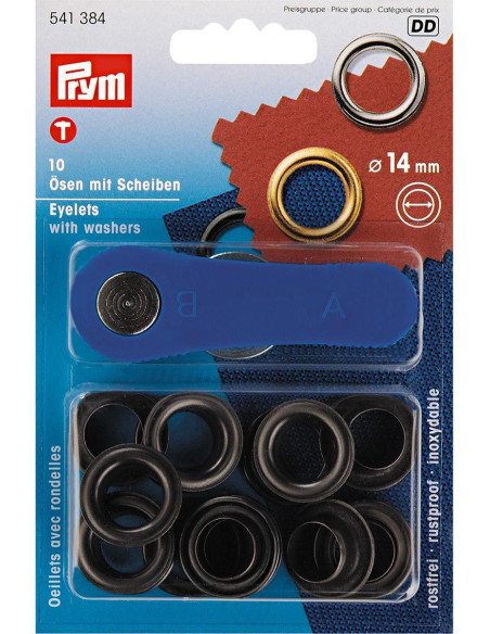 Schachtel mit 10 Ösen 14 mm mit Befestigungswerkzeug - Schwarz