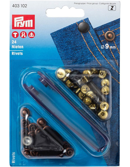 Schachtel mit 24 Nieten 9 mm mit Werkzeug - Bronze und Kupfer