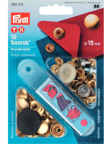 Packung mit 10 Anorak-Druckknöpfen in Gold mit Werkzeug 15 mm