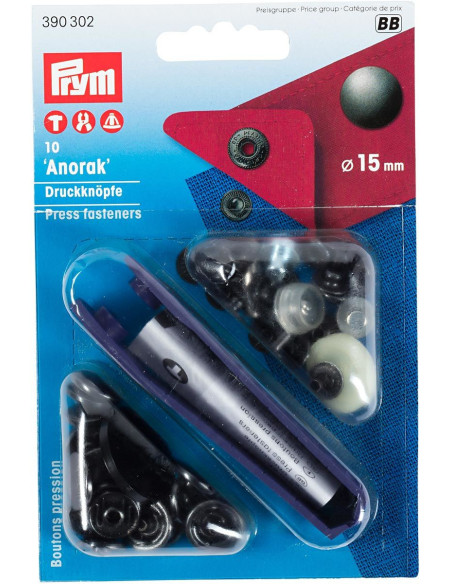 Box mit 10 Anorak-Druckknöpfen Bruni mit Werkzeug 15 mm