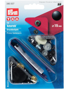 Schachtel mit 10 schwarzen Anorak-Druckknöpfen mit Werkzeug 15 mm