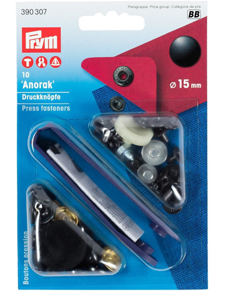 Schachtel mit 10 schwarzen Anorak-Druckknöpfen mit Werkzeug 15 mm