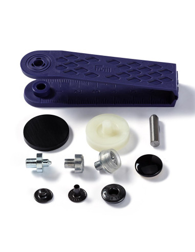 Schachtel mit 10 schwarzen Anorak-Druckknöpfen mit Werkzeug 15 mm