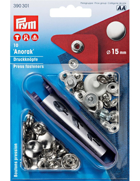 Packung mit 10 Anorak-Druckknöpfen Silber mit Werkzeug 15 mm