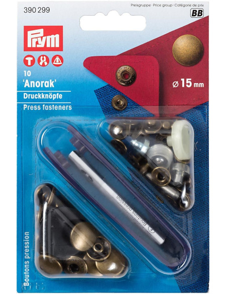 Packung mit 10 Anorak-Druckknöpfen aus Messing mit Werkzeug 15 mm