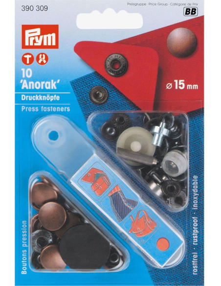 Packung mit 10 Anorak-Druckknöpfen Antikes Kupfer mit Werkzeug 15 mm