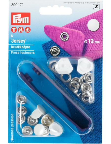 Schachtel mit 6 weißen Jersey-Druckknöpfen mit Werkzeug 12 mm