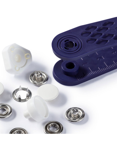 Schachtel mit 6 weißen Jersey-Druckknöpfen mit Werkzeug 12 mm