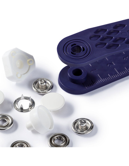 Schachtel mit 6 weißen Jersey-Druckknöpfen mit Werkzeug 12 mm