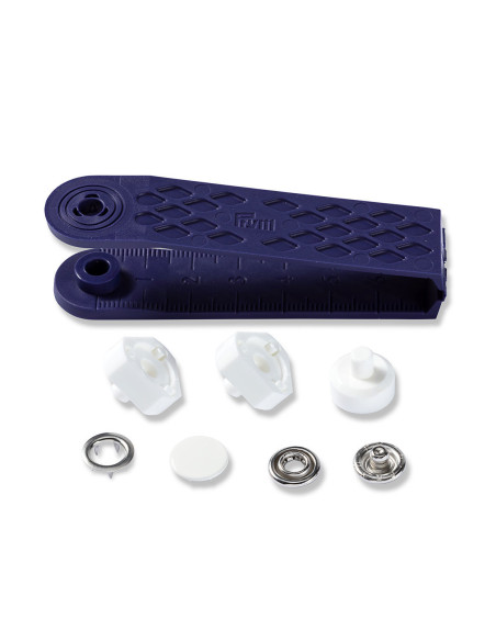 Schachtel mit 6 weißen Jersey-Druckknöpfen mit Werkzeug 12 mm