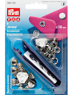 Box mit 9 Jersey-Druckknöpfen Nickel mit Werkzeug 10 mm