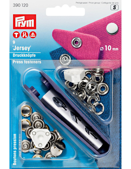 Box mit 9 Jersey-Druckknöpfen Nickel mit Werkzeug 10 mm
