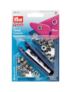 Schachtel mit 10 Jersey-Druckknöpfen in Silber mit Werkzeug 10 mm