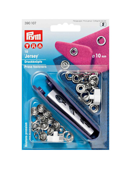 Schachtel mit 10 Jersey-Druckknöpfen in Silber mit Werkzeug 10 mm