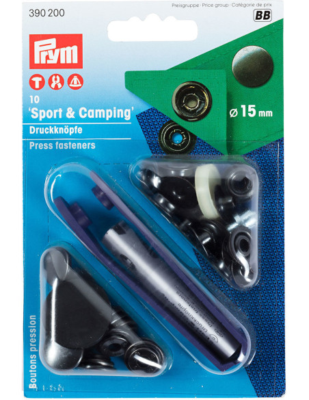 Schachtel mit 10 Druckknöpfen Sport Camping Schwarz mit Werkzeug 15 mm