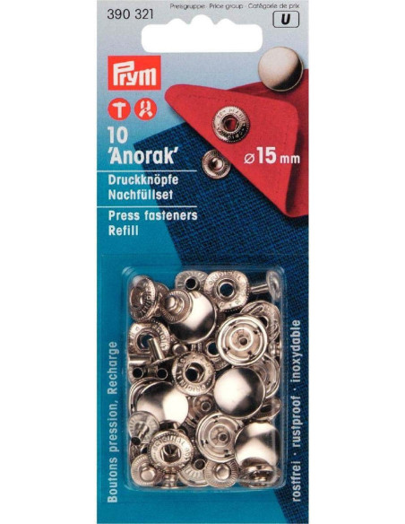 Nachfüllpackung mit 10 Anorak-Druckknöpfen 15 mm Silber