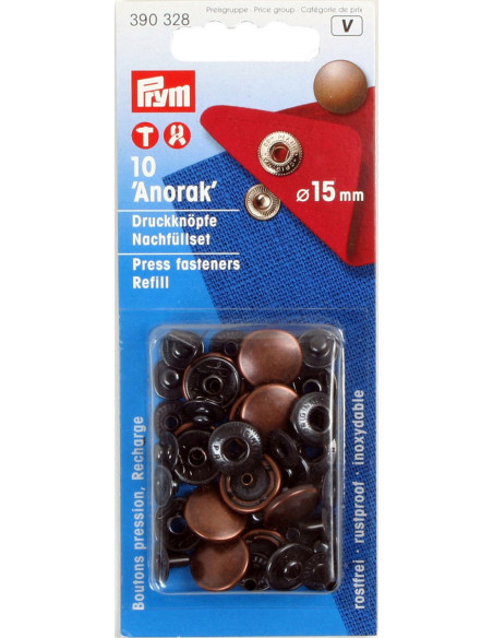 Nachfüllpackung mit 10 Anorak-Druckknöpfen 15 mm Kupfer