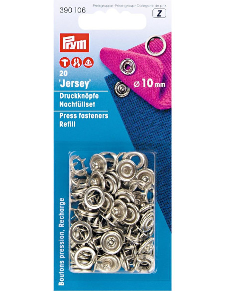 Nachfüllpackung mit 20 Jersey-Druckknöpfen 10 mm Silber