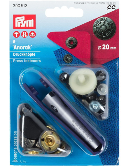 Box mit 6 Anorak-Druckknöpfen Design mit Werkzeug 20 mm