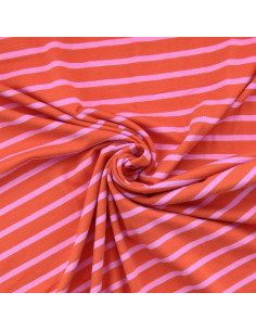 Gestreifter Bretonischer Jersey-Stoff - Mandarine und Bonbon
