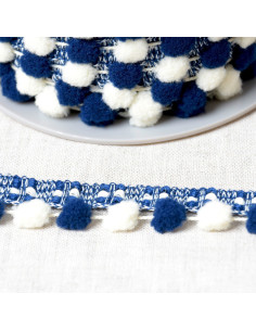 Zweifarbige große Pompons-Borte - Marineblau und Ecru