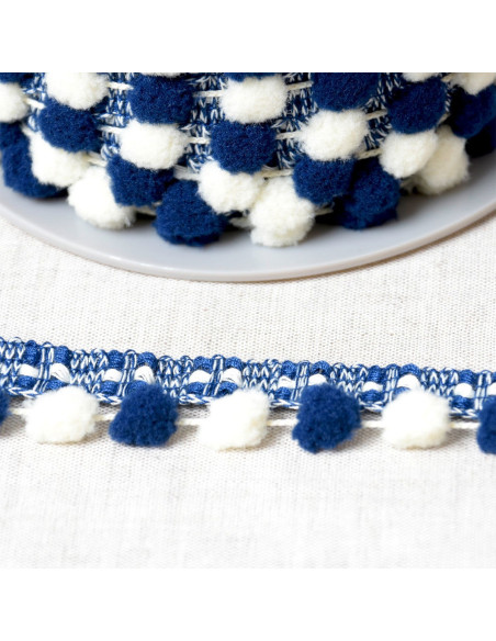 Zweifarbige große Pompons-Borte - Marineblau und Ecru