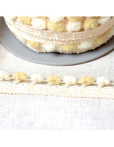 Zweifarbige große Pompons-Borte - Beige und Ecru