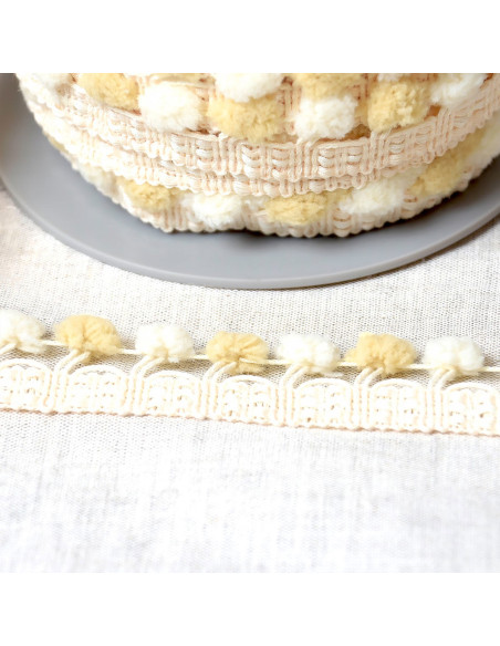 Zweifarbige große Pompons-Borte - Beige und Ecru